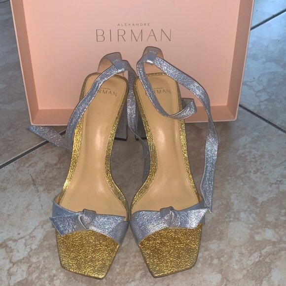 Alexandre Birman Silver/Gold Leather Bow Sandal Heels 39.5 - WORN ONCE - Picture 5 of 11